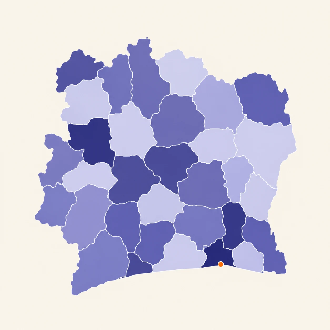 Carte stylisée de la Côte d’Ivoire découpée par région, Abidjan signalée
