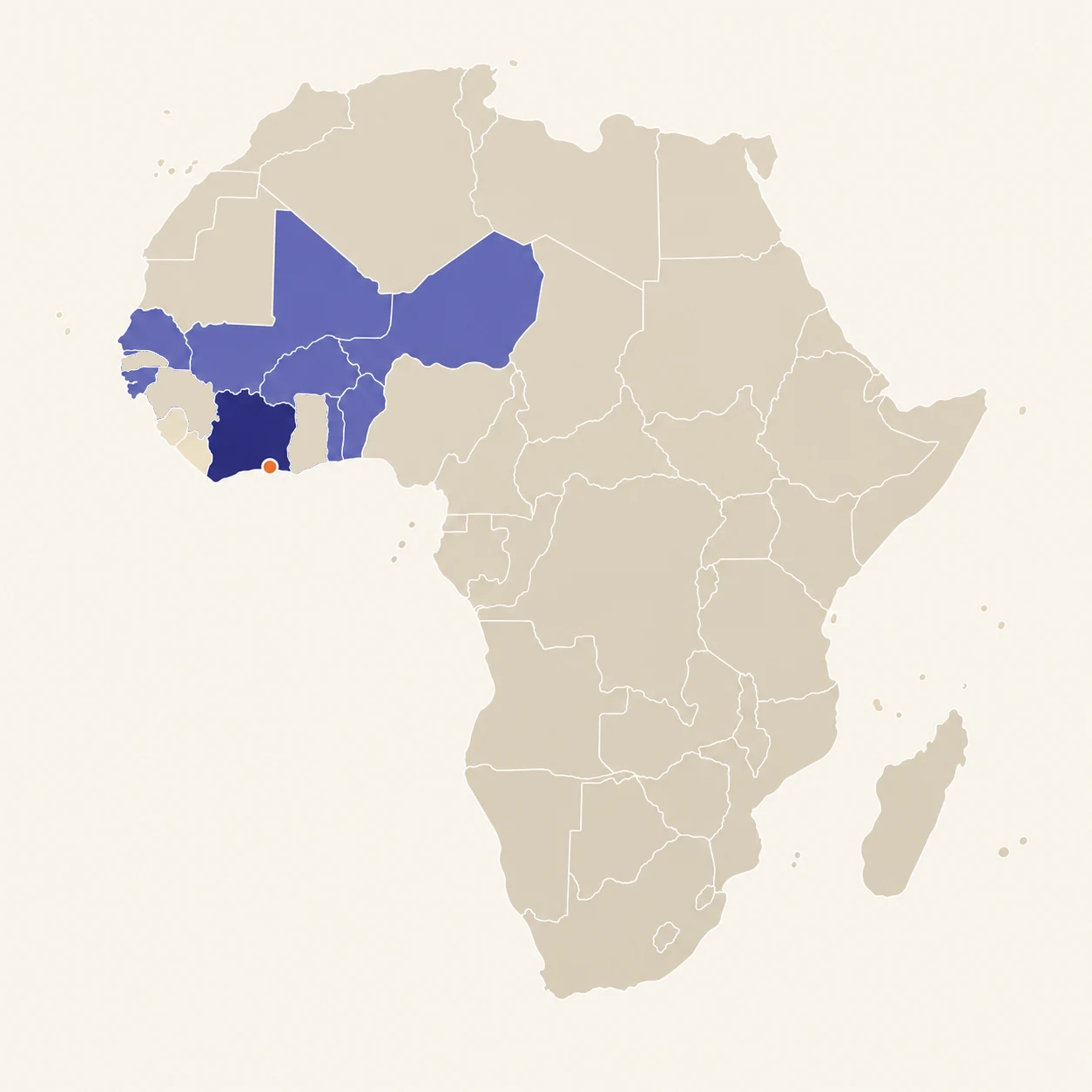 Carte de l’Afrique : les huit pays de l’UEMOA en évidence, la Côte d’Ivoire en indigo foncé et Abidjan signalée